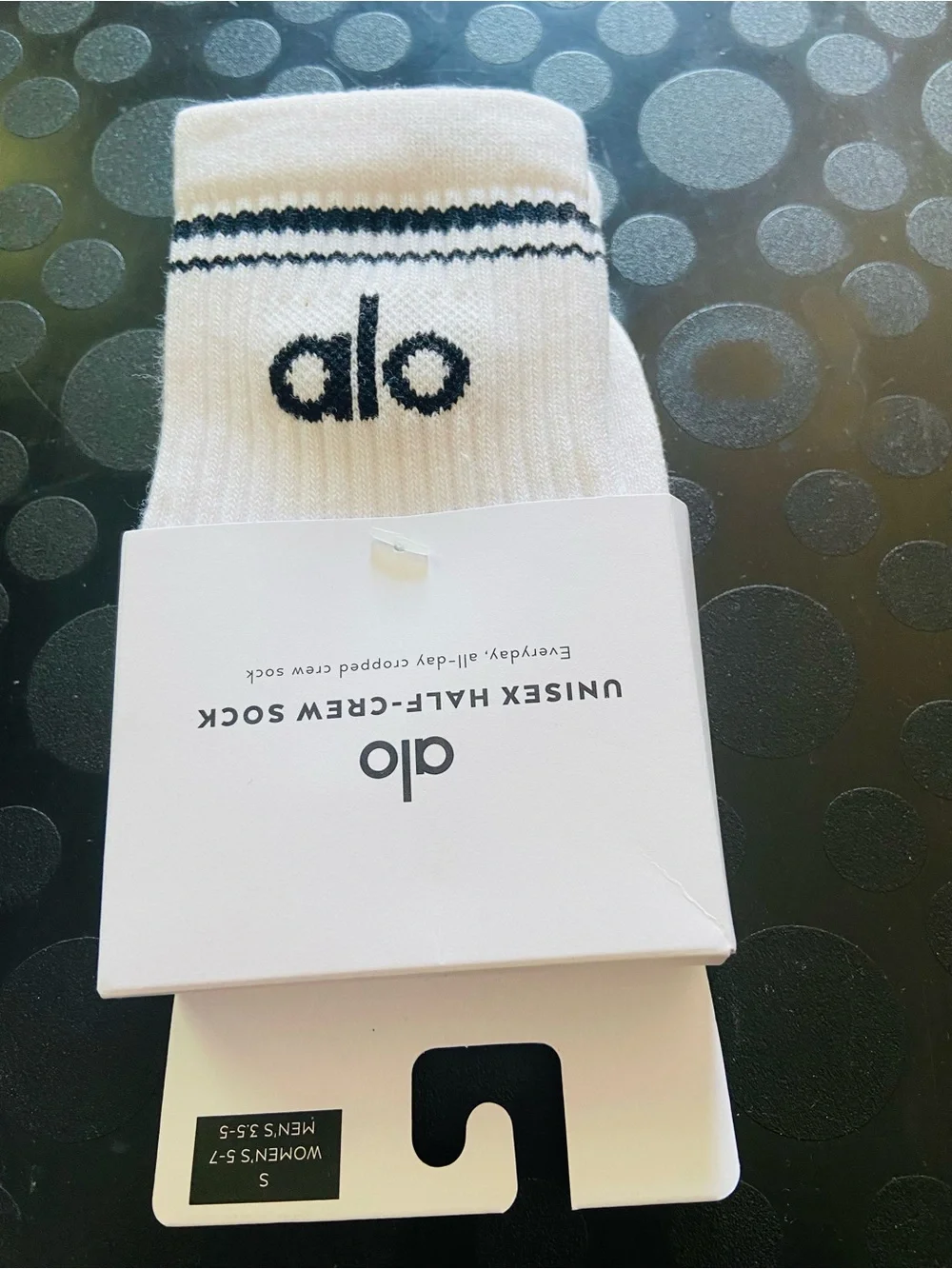 ALO Yoga, UniWhite Half-Crew Athletic Socks with Black Logo , women’s 5 to 7